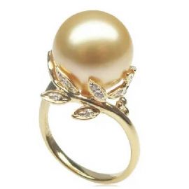 South sea Gold Pearls with Diamonds Leafs 14k Yellow Gold