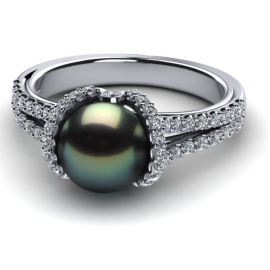 Gray and dark Grey duo pearls Ring 14K White Gold Princess Diamond  Try At Home